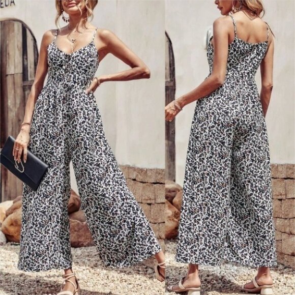 leopard Print Button down Jumpsuit - Picture 1 of 7